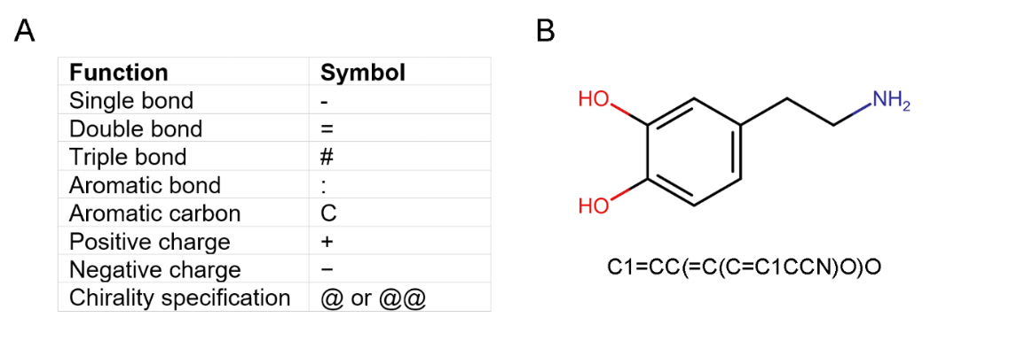 Figure 4. (A) Function and symbol of each ASCII character used in SMILES representation. (B) 2D chemical structure and SMILES representation of dopamine.