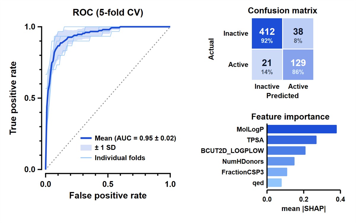 Example QSAR classifier summary: cross-validated ROC curve, confusion matrix and SHAP feature importance
